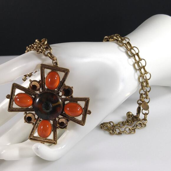 Chico's Maltese Cross Pendant Necklace, Orange Cabochons, Rhinestone, 35" Chain - Picture 11 of 11